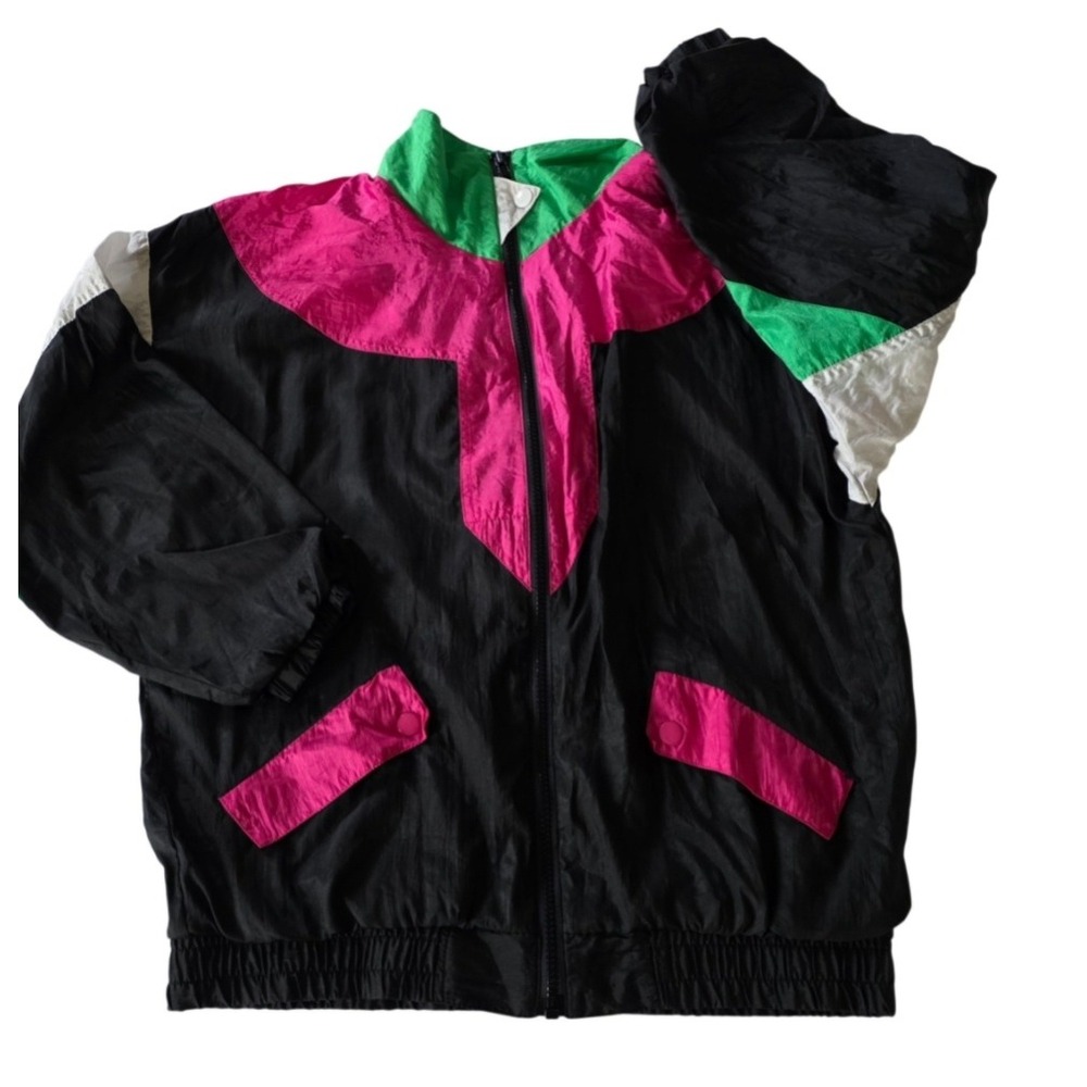 Vintage 90s Colorblock Nylon Windbreaker Milano Petite Med Neon Pink Track - Picture 8 of 8